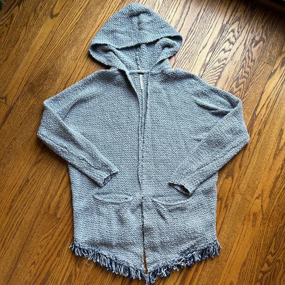 Free People Love Me Tender Cardigan Sweater Hooded Knit Fringe Blue Small - Picture 2 of 12